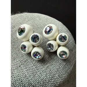 Selro Acrylic Ab Rhinestone Clip Abstract Earnings Modernist White Vintage Retro